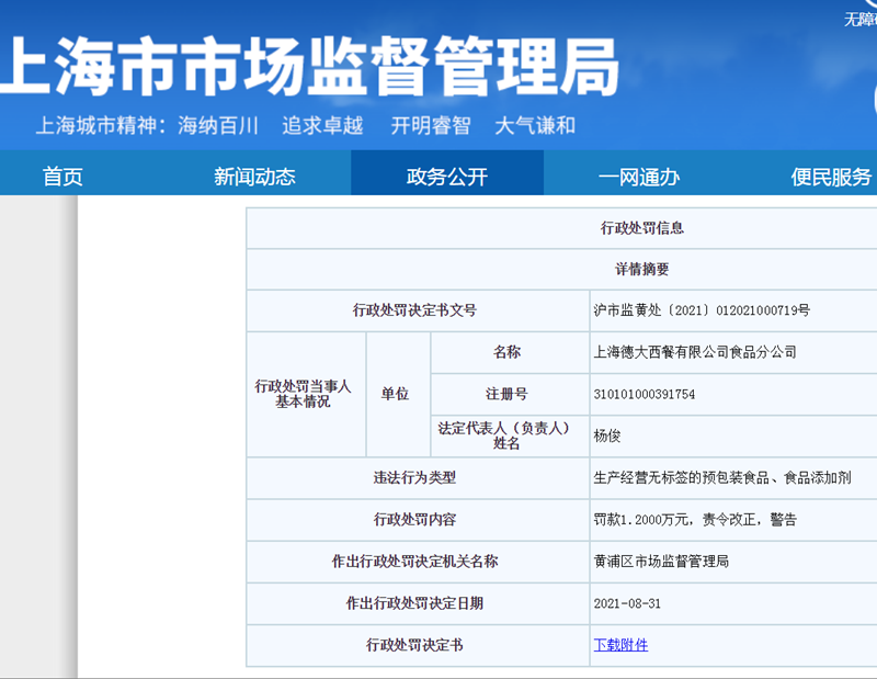  生产经营无标签食品，杏花楼旗下一食品公司被罚1.2万